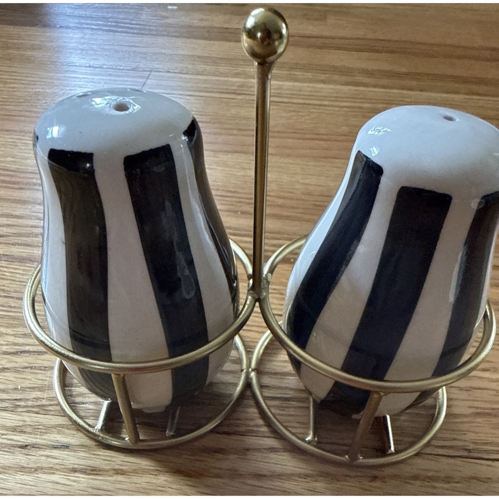 Black & White Striped Ceramic Salt and Pepper Shakers with Holder- Vintage